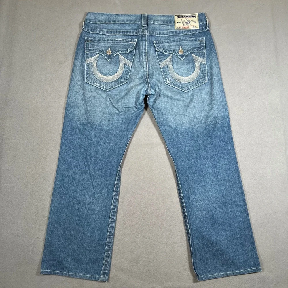 True Religion Jeans Mens Size 36 Straight Leg Denim Blue Made in USA Flap Pocket